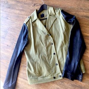 Denim twill jacket with leather sleeves